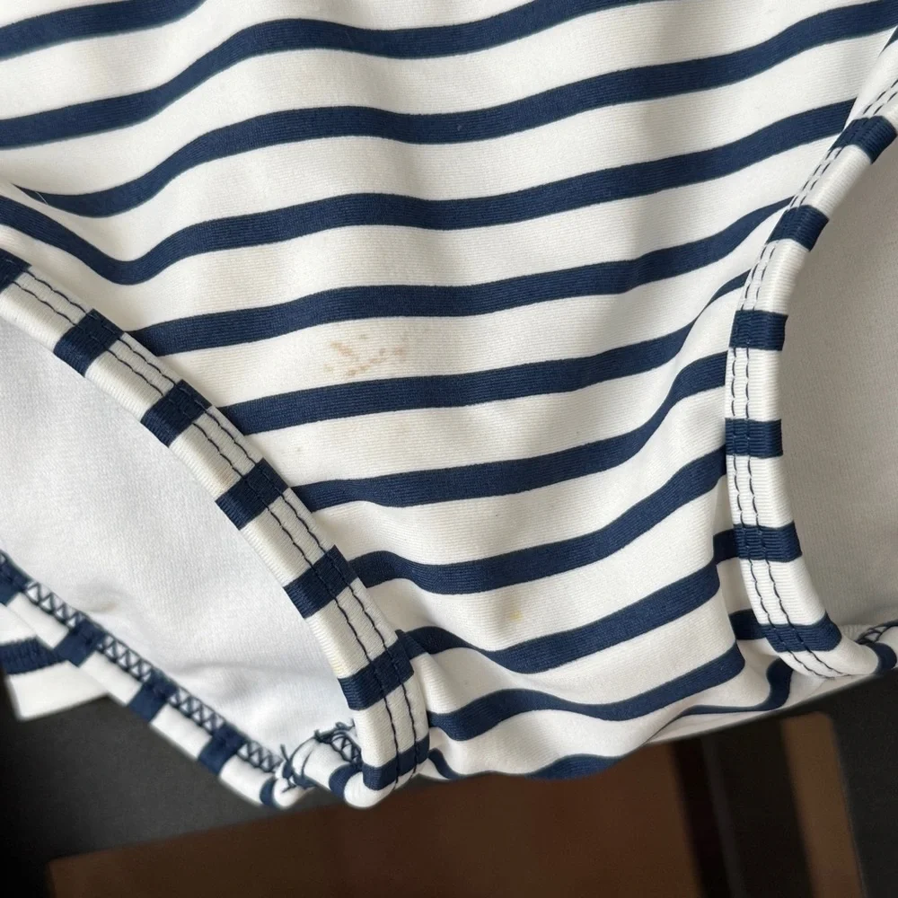 Rufflebutts rashguard swimsuit set ruffles bottoms long sleeve top navy striped
